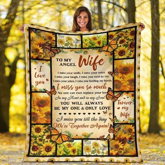 To My Angel Wife Sunflower Blanket For Husband To My Angel Wife I Miss Your Smile Sunflower Memorial Blanket - Thegiftio UK