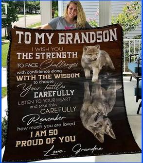 Blanket - Wolf To My Grandson Blanket For Grandson Gift For Christmas, Home Decor Bedding Couch Sofa Soft - Thegiftio UK