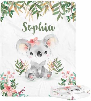 Blanket with Name for Baby Girl Koala, Newborn Baby Girls Blankets Custom, Custom Name Blanket for Baby Girl, Koala Blanket for Girls - Thegiftio UK