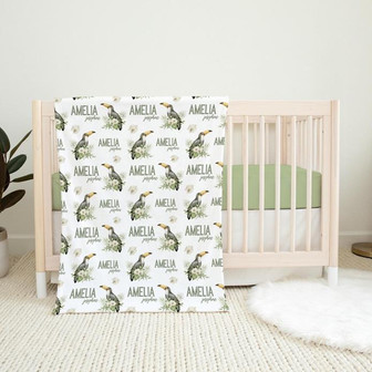 Boho Palm Floral Girl Blanket, Toucan Jungle Swaddle Blanket, Personalized Baby Blanket - Thegiftio UK