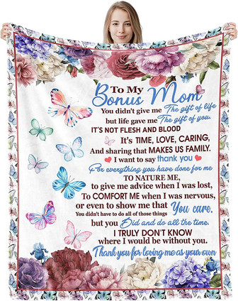 To My Bonus Mom Blanket Gifts from Daughter Son Thank You Mom Blanket Presents Floral Butterfly Fleece Soft Throw Blankets - Thegiftio UK