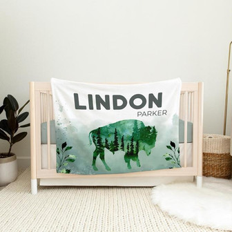Buffalo Forest Blanket, Personalized Cactus Baby Blanket, Buffalo Baby Blanket, Boy Nursery Blanket, Southwest Nursery, Bison Blanket - Thegiftio UK