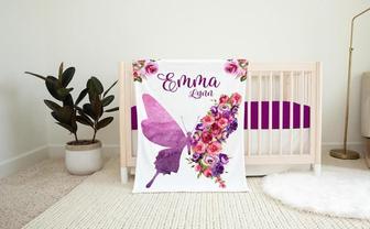 Butterfly Nursery Baby Blanket, Girl Butterfly Baby Blanket, Purple Floral Butterfly Blanket - Thegiftio UK