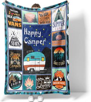 Camping Blanket Happy Camper Throw Blankets Ultra Soft Flannel Lightweight Travel Blankets for Kids Boys Grils - Thegiftio UK