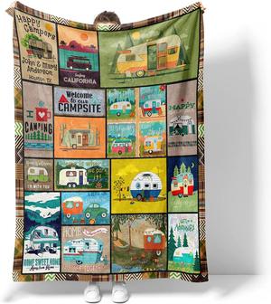 Camping Throw Blanket Happy Camper Decor Blankets Super Soft Warm Camp Bedding for Aldult Teens Travel Couch Sofa - Thegiftio UK