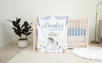 Carousel Baby Blanket, Blue Carousel Blanket, Whimsical Nursery, Horse Stars Blanket, Personalized Carousel Blanket - Thegiftio UK