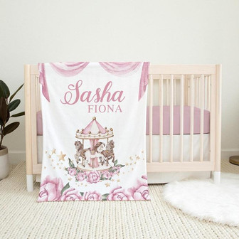 Carousel Baby Blanket, Pink Carousel Blanket, Whimsical Nursery, Horse Stars Blanket, Personalized Carousel Blanket - Thegiftio UK