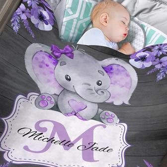 Custom Baby Blanket with Name for Baby Boy Girls，Personalized Purple Elephant Flower Design Soft Throws Blanket - Thegiftio UK