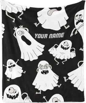 Custom Blanket with Name Text,Personalized Halloween with White Ghosts Super Soft Fleece Throw Blanket for Couch Sofa Bed - Thegiftio UK