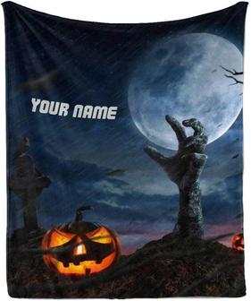 Custom Blanket with Name Text,Personalized Haloween Pumpkin Skeleton Hand Super Soft Fleece Throw Blanket for Couch Sofa Bed - Thegiftio UK
