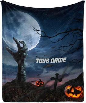 Custom Blanket with Name Text, Personalized Haloween Pumpkin Skeleton HandSuper Soft Fleece Throw Blanket for Couch Sofa Bed - Thegiftio UK