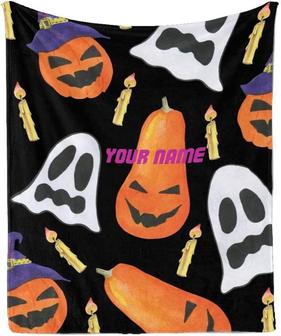 Custom Blanket with Name Text, Personalized Haloween Spooky Pumpkin Super Soft Fleece Throw Blanket for Couch Sofa Bed - Thegiftio UK