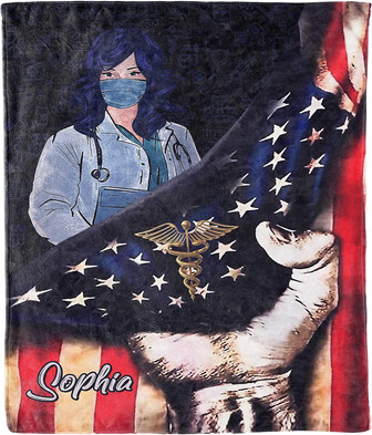 Custom Name Blanket for Nurse, Nurse And American Flag Blanket, Gift for Birthday, Christmas, Appreciation - Thegiftio