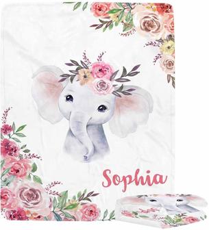 Customized Elephant And Floral Blanket Baby Blanket for Newborn Baby Kids - Thegiftio UK