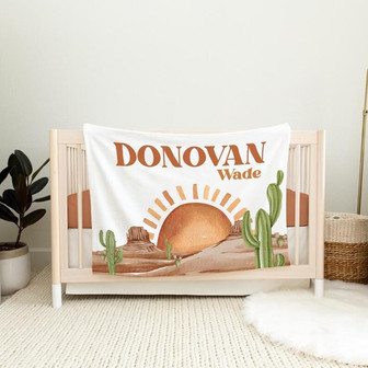 Desert Sun Cactus Blanket, Personalized Cactus Baby Blanket, Boy Nursery Blanket, Boho Desert Nursery - Thegiftio UK