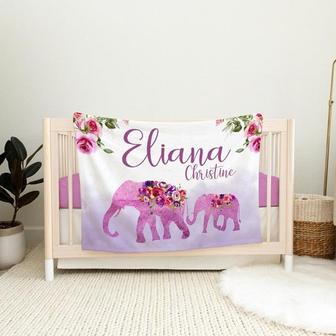 Elephant Baby Blanket, Purple Elephant Blanket, Personalized Baby Blanket, Elephant Nursery, Mommy and Baby Elephant Blanket - Thegiftio UK