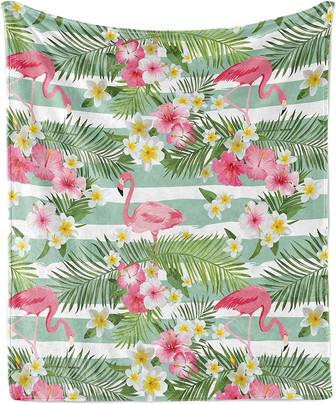 Flamingo Soft Flannel Fleece Throw Blanket, Flamingos with Exotic Hawaiian Leaves Flowers on Striped Vintage Background Blanket - Thegiftio