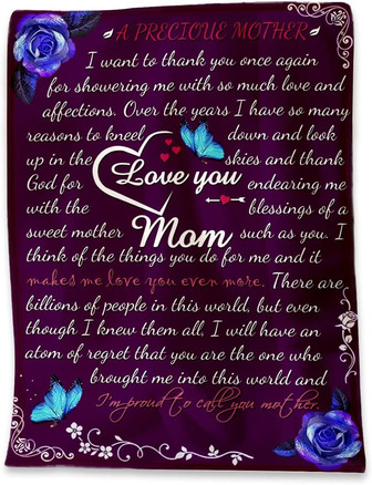 Flannel Blanket to My Mom from Daughter Son - Blue Butterfly and Violet Flower Blanket For A Precious Mom - Thegiftio