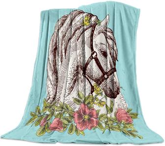 Fleece Blanket and Microfiber Soft Bed Throws Blanket Bohemian White Horse for Sofa Couch Decorative All Season Warm Living Room/Bedroom Lightweight Blankets - Thegiftio UK