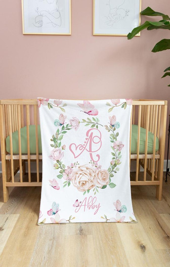 Floral Personalized Baby Blanket, Butterfly Monogram Baby Blanket, Girl Name Blanket, Monogram Blanket - Thegiftio UK