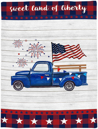 Funny Decor Independence Day Flannel Blanket Truck American Flag July 4th Breathable Throw Blankets Stars Check Plaid Wood Grain Warm Cozy - Thegiftio