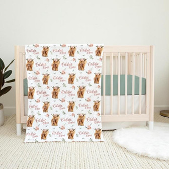 Girl Highland Cow Swaddle Blanket, Cow Personalized Baby Blanket, Personalized Baby Blanket - Thegiftio UK