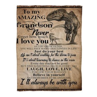 To My Grandson Dinosaur Laugh Love Live Follow Your Dream Gift From Grandma Fleece Blanket - Thegiftio UK