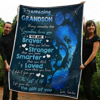 To My Grandson Footprint You Are Braver Stronger Smarter And Loved More Gift From Grandma Fleece Blanket - Thegiftio UK