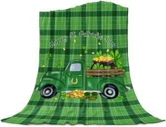 Happy St. Patrick's Day Blankets - Truck Lucky Shamrock Flannel Fleece Throw Blanket - Green Buffalo Plaid Flannel Blanket - Thegiftio UK