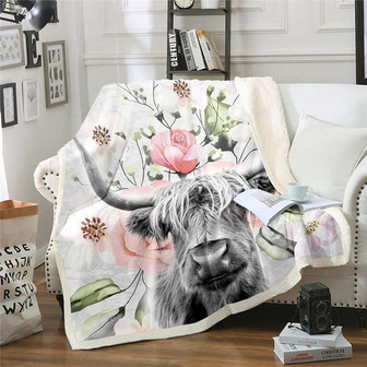 Highland Cattle Blanket, Cute Cow Flower Throw Blanket, Bull Cattle Western Cowboy Cozy Bedroom Decor - Thegiftio
