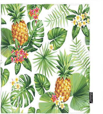 Leaf Throw Blanket Hawaiian Pineapples Tropical Palm Leaves Flowers in Jungle Blanket Flannel Warm Travel Blankets - Thegiftio
