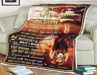 Lion Blanket To My Grandson Good Things Come To Those Who Believe Gift For Grandson Birthday,Gift Bedding Couch - Thegiftio UK