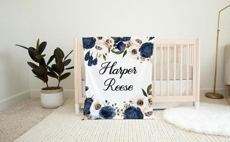 Navy and Cream Rose Girl Blanket, Rose Floral Crib Bedding, Personalized Baby Blanket - Thegiftio UK