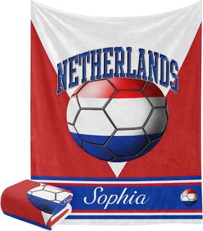 Netherlandic Flag Soccer Ball Personalized Blanket with Name Super Soft Fleece Throw Blankets for Bed Couch Birthday Wedding Gift - Thegiftio UK