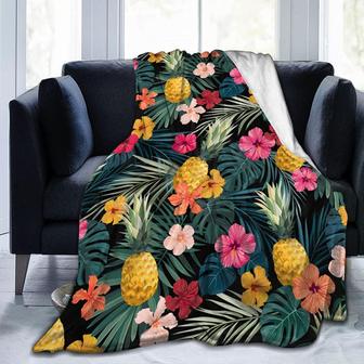 Palm Leaves Hibiscus Flowers Throw Blanket All Season Tropical Pineapples Fruit Decorative Fleece Blankets for Bed Chair Car Sofa Couch Bedroom - Thegiftio UK