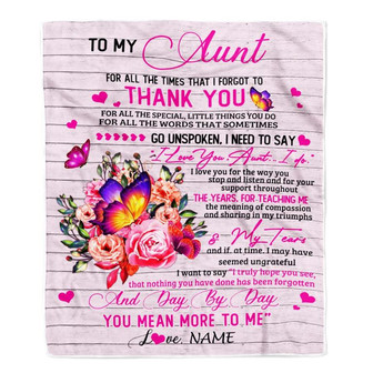 Personalized To My Aunt Blanket From Niece Nephew Wood Floral Butterfly Thank You I Love You Aunt Birthday Mothers Day Christmas Customized Bed Fleece Blanket - Thegiftio