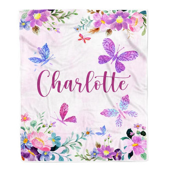 Personalized Baby Blanket Custom With Name For Girl Butterfly Purle Flower Kid Daughter Granddaughter Niece Birthday Customized Christmas Fleece Blanket - Thegiftio