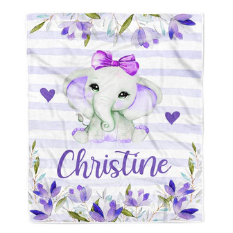 Personalized Baby Blanket Girl Custom With Name Elephant Purle Flower Nursery Kid Daughter Granddaughter Niece Birthday Customized Christmas Fleece Blanket - Thegiftio