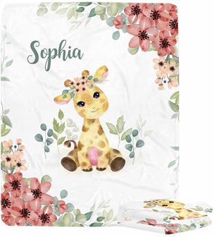 Personalized Baby Blankets with Name for Girls Giraffe Custom Baby Blankets, Baby Customized Blankets, Giraffe Baby Blanket - Thegiftio