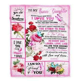 Personalized To My Bonus Daughter Blanket From Stepmother Never Forget I Love You Pink Butterfly Stepdaughter Birthday Christmas Customized Fleece Blanket - Thegiftio UK