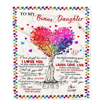 Personalized To My Bonus Daughter Blanket From Stepmother Colorful Tree Never Forget I Love You Stepdaughter Birthday Christmas Customized Fleece Blanket - Thegiftio UK