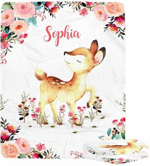 Personalized Floral Deer Baby Blanket for Baby Girl, Personalized Newborn Girl Gifts with Name, Newborn Baby Girls Blankets Custom, Deer Baby Blanket - Thegiftio UK