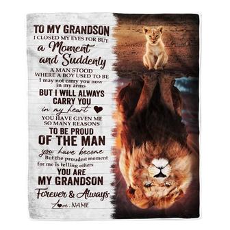 Personalized To My Grandson Blanket From Grandma Grandpa Lion Proud Of The Man You Have Become Grandson Birthday Christmas Customized Fleece Throw Blanket - Thegiftio UK