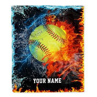 Personalized Softball Blanket Fire Water A Nice Night American Flag Printed 3D Sport Lover Kids Men Women Birthday Christmas Customized Fleece Blanket - Thegiftio UK