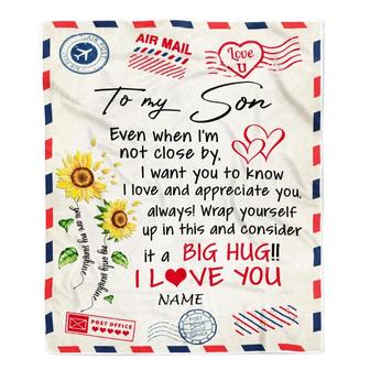 Personalized To My Son Blanket From Mom Dad Love Big Hug Air Mail Letter Sunflower Son Birthday Graduation Christmas Customized Fleece Throw Blanket - Thegiftio UK
