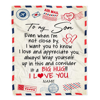 Personalized To My Son Blanket From Mom Dad I Love You Hugs Air Mail Letter Son Birthday Christmas Thanksgiving Graduation Customized Fleece Blanket - Thegiftio UK