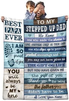 Personalized Stepped Up Dad Blanket, Happy Father's Day Blanket. Best Gift for Step Dad, Custom Name Stepdad Birthday Soft Flannel Warm Throw Blanket - Thegiftio UK