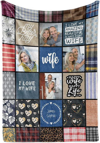 Personalized Wife Birthday Gift Ideas Photo Collage Throw Blanket, Customized Romantic Gift for Wife for Anniversary, Mother's Day or Christmas - Thegiftio UK