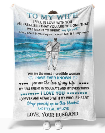 Personalized To My Wife Couple Walking On Beach Fleece Blanket, To My Wife I Fell In Love With You Couple Blanket Gifts For Wife - Thegiftio UK