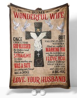 Personalized To My Wonderful Wife Hands With Cross Fleece Blanket, To My Wife Once Upon A Time God Blessed Couple Blanket Gifts For Wife - Thegiftio UK